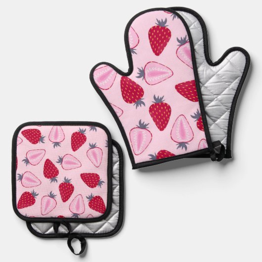 Aardbeienpatroon Ovenwant & Pannenlap Set (Voorkant / Achterkant)