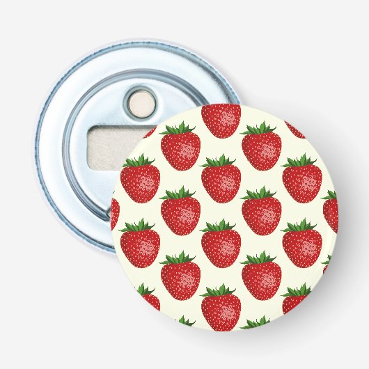 Aardbeienpatroon, rode aardbeien, fruit, blad button flesopener (Voorkant)