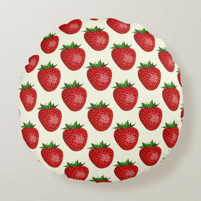 Aardbeienpatroon, rode aardbeien, fruit, blad rond kussen (Voorkant)