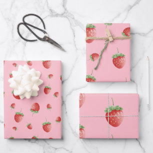 Aardbeienpatroon roze inpakpapier vel