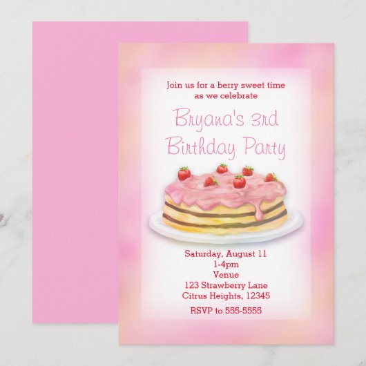Aardbeientaart verjaardagsfeestje uitnodigingen (Voorkant / Achterkant)