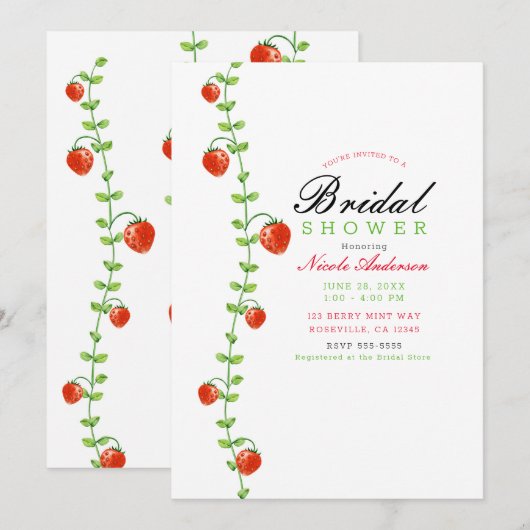 Aardbeientak rode bessen bruidsdouche kaart (Voorkant / Achterkant)