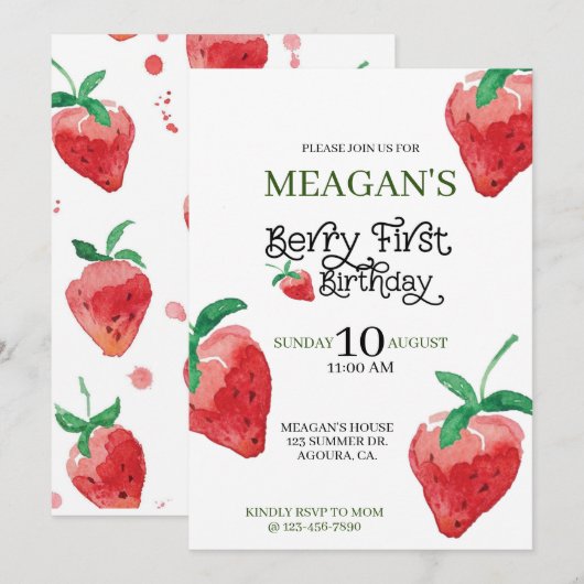 aardbeienthema, eerste verjaardag, kinderverjaarda (Voorkant / Achterkant)