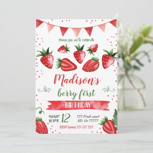 Aardbeienuitnodiging Kaart (Staand voorkant)