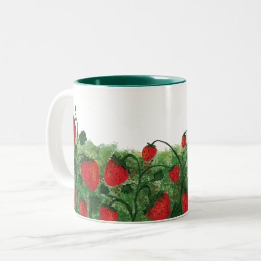 Aardbeienveld Waterverf illustratie Tweekleurige Koffiemok (Voorkant links)
