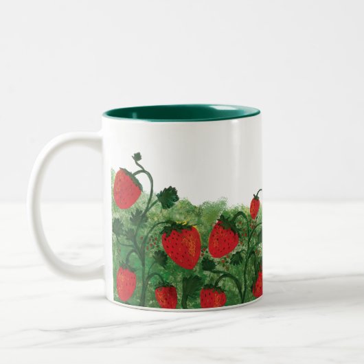 Aardbeienveld Waterverf illustratie Tweekleurige Koffiemok (Links)