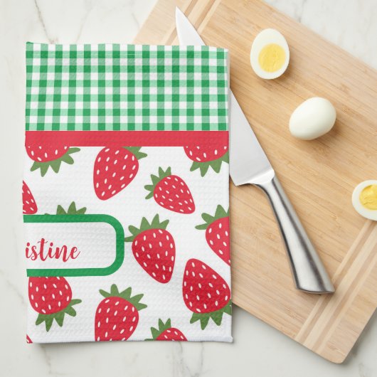Aardbeienvelden en groene Gingham keukenhanddoeken (Quarter Fold)