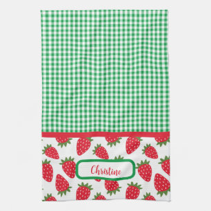 Aardbeienvelden en groene Gingham keukenhanddoeken