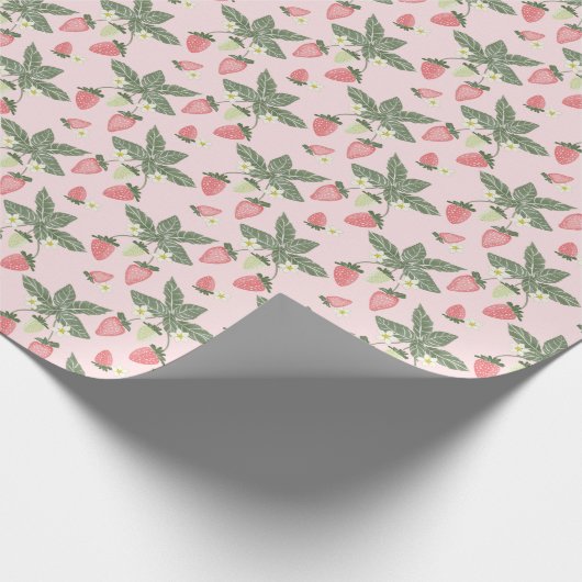 Aardbeienvelden roze en groen cadeaupapier (Hoek)