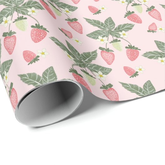 Aardbeienvelden roze en groen cadeaupapier (Rol Hoek)