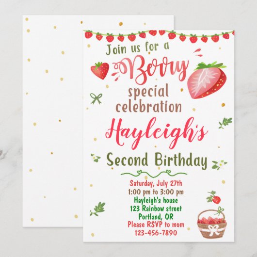 Aardbeienverjaardagsuitnodiging Berry zoete party Kaart (Voorkant / Achterkant)