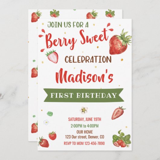 Aardbeienverjaardagsuitnodiging Eerste verjaardag Kaart (Voorkant / Achterkant)