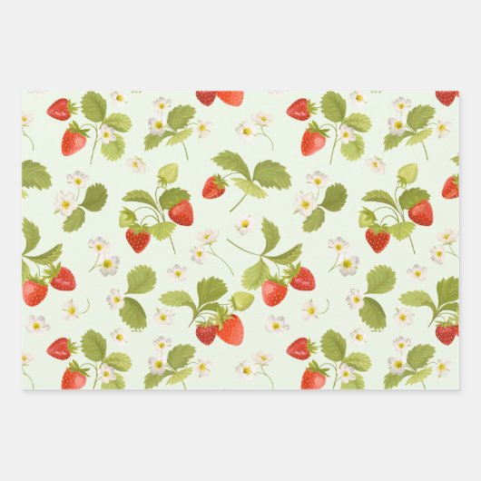 Aardbeienvruchten, bladeren en bloemen inpakpapier vel (Voorkant 3)