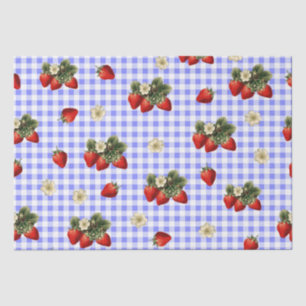 Aardbeienweefselpapier op blauwe gingham tissuepapier
