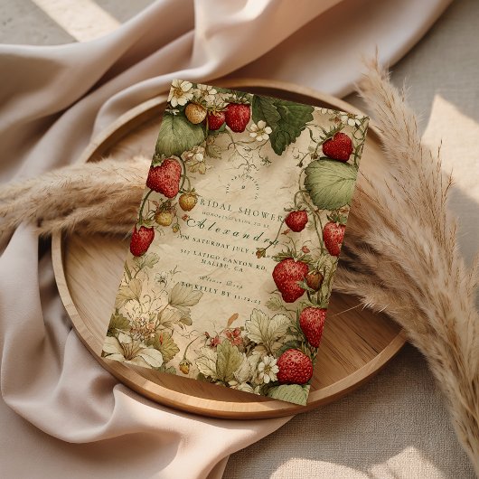 Aardbeienweide Vintage Bruiloftsuitnodiging Kaart