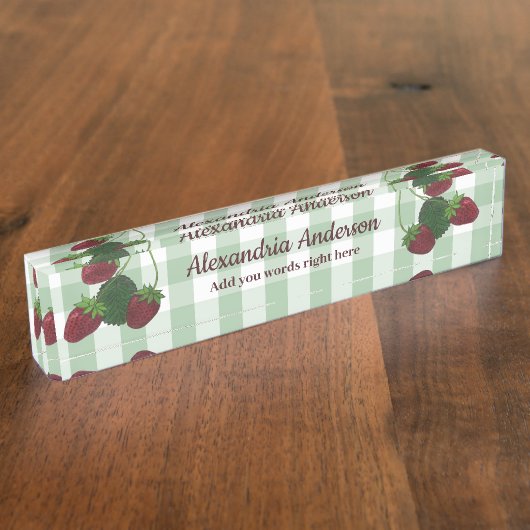 Aardbeienwijnstok en gingham bureau naambord (Zijkant)