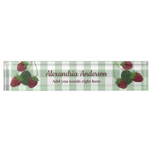 Aardbeienwijnstok en gingham bureau naambord (Voorkant)