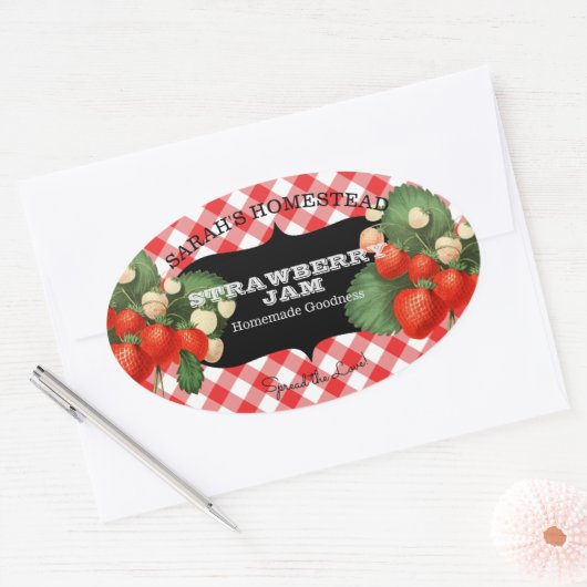  aardbeietiket Vruchtenreservaat Gingham Ovale Sticker (Envelop)