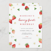 Aardbeimeisje Bes eerste verjaardagsuitnodiging Kaart (Voorkant / Achterkant)