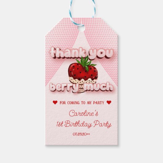 Aardbeimeisje Roze Verjaardag Hartelijk Dank Cadeaulabel (Voorkant)