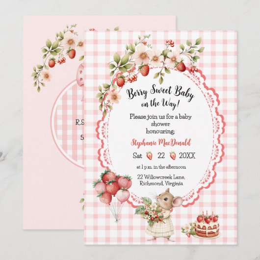 Aardbeimuizen Baby Shower Uitnodiging (Voorkant / Achterkant)