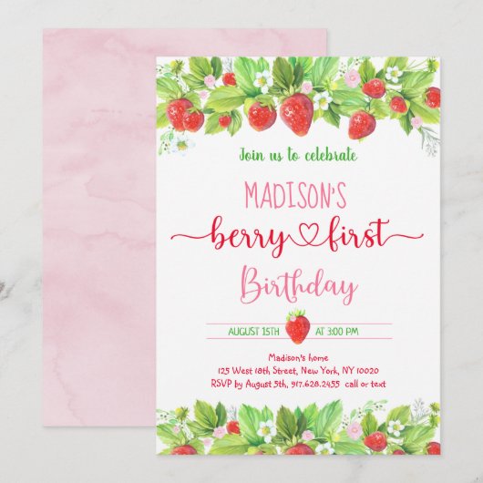 aardbeiroze Floral Berry eerste verjaardag Kaart (Voorkant / Achterkant)