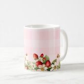 Aardbeiroze geruite babyshower koffiemok (Voorkant rechts)