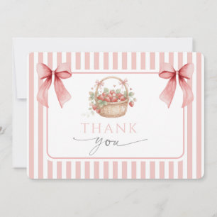 Aardbeiroze gestreepte strik meisje baby shower bedankkaart