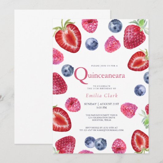 aardbeiroze Quinceanera Birthday Kaart (Voorkant / Achterkant)