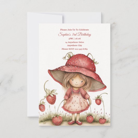 Aardbeismeisje verjaardagsuitnodiging kaart (Voorkant)