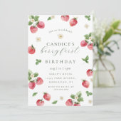 Aardbessen, eerste verjaardag, uitnodiging (Staand voorkant)