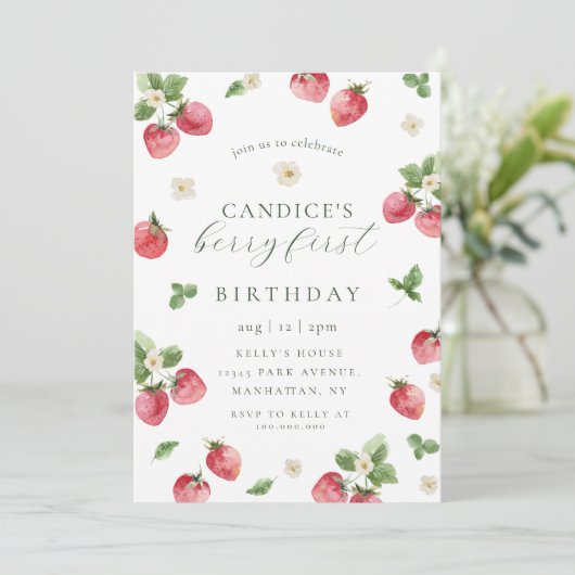 Aardbessen, eerste verjaardag, uitnodiging (Staand voorkant)