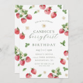 Aardbessen, eerste verjaardag, uitnodiging (Voorkant / Achterkant)