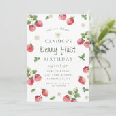 Aardbessen, eerste verjaardag, uitnodiging (Staand voorkant)