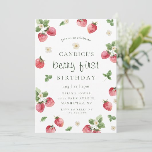 Aardbessen, eerste verjaardag, uitnodiging (Staand voorkant)