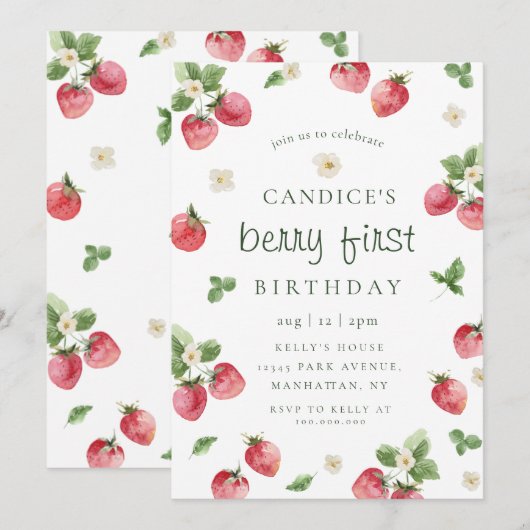Aardbessen, eerste verjaardag, uitnodiging (Voorkant / Achterkant)