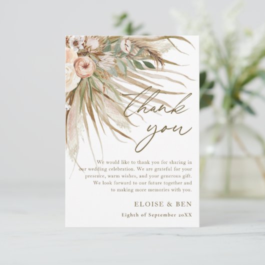 Aardbevruchte Pampas Grass Floral Wedding Bridal Bedankkaart (Staand voorkant)