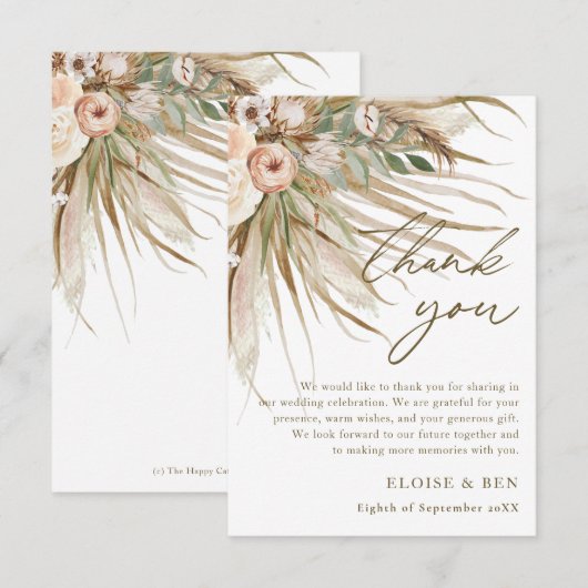 Aardbevruchte Pampas Grass Floral Wedding Bridal Bedankkaart (Voorkant / Achterkant)