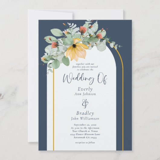 Aarde Bloemenboog Marine Niet Foto QR Code Bruilof Kaart (Voorkant)