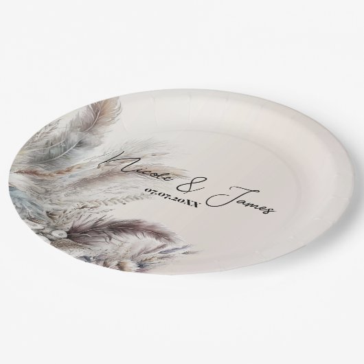 Aarde Bohemian Bloemen Veren Bruiloft Papieren Bordje (Gekanteld)