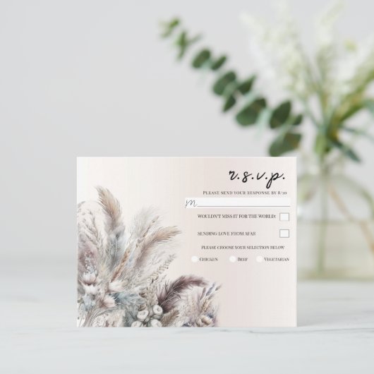 Aarde Bohemian Bloemen Veren Bruiloft RSVP Kaart (Staand voorkant)
