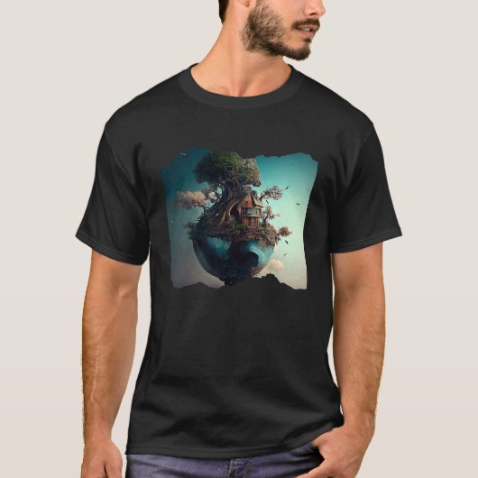Aarde- en boomgebouw Surreal Artwork T-shirt (Voorkant)