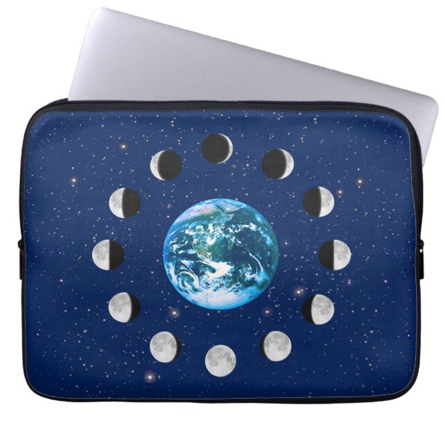 Aarde- en Moonfasen, op een achtergrond van sterre Laptop Sleeve (Voorkant)