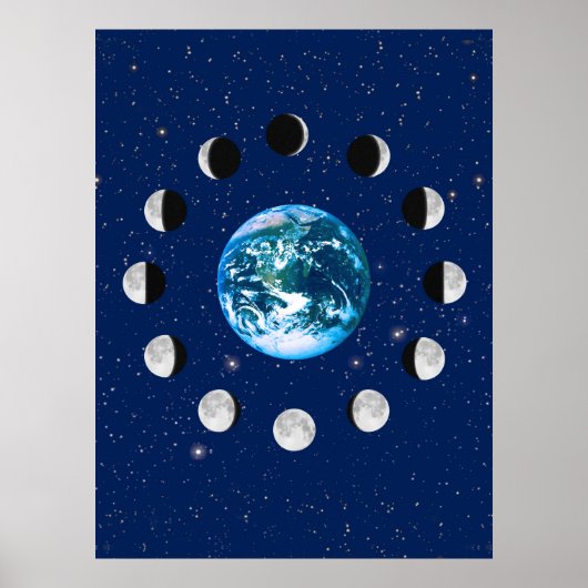 Aarde- en Moonfasen, op een achtergrond van sterre Poster (Voorkant)