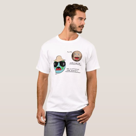 Aarde en Pluto - Grappige Discussie T-shirt (Voorkant volledig)