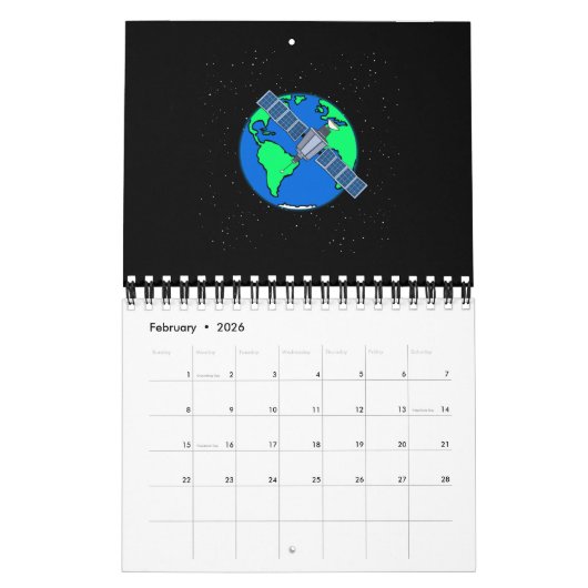 Aarde en satelliet in de ruimte kalender (Feb 2026)