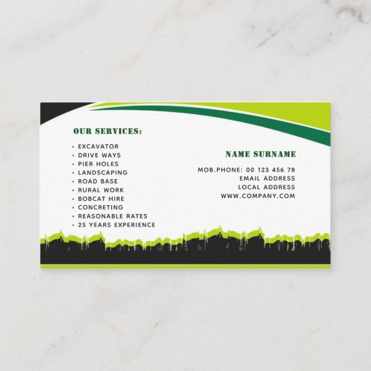 Aarde in beweging, graafmachine, landschapsarchite visitekaartje (Achterkant)