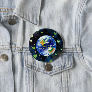 Aarde Liefde Knop - Planeet met Groene Hartjes Spe Ronde Button 7,6 Cm