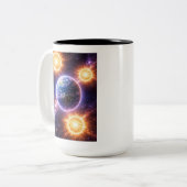 Aarde met drie zonnen tweekleurige koffiemok (Voorkant links)