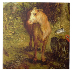 Aarde of het aardparadijs, details van een koe, po tegeltje